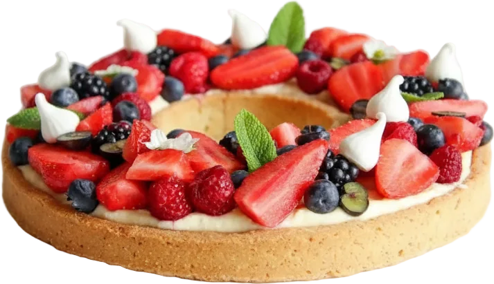 Crostata con crema, fragole, lamponi, mirtilli e meringhe