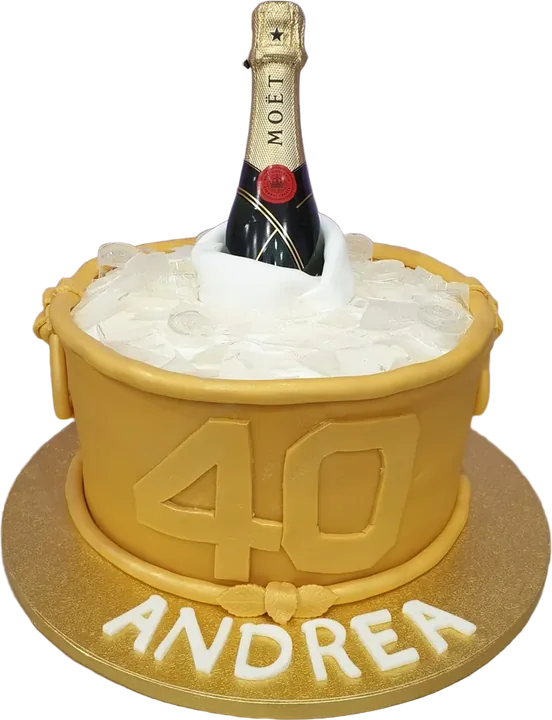 Torta a forma di secchiello dorato con bottiglia di champagne per i 40 anni